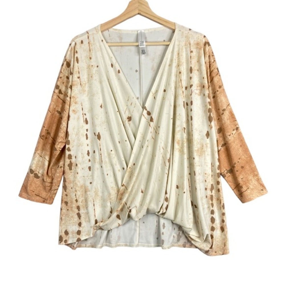 Marla Wynne Shirt Blouse Top women sz XL liquid Knit slinky faux wrap 3/4 sleeve